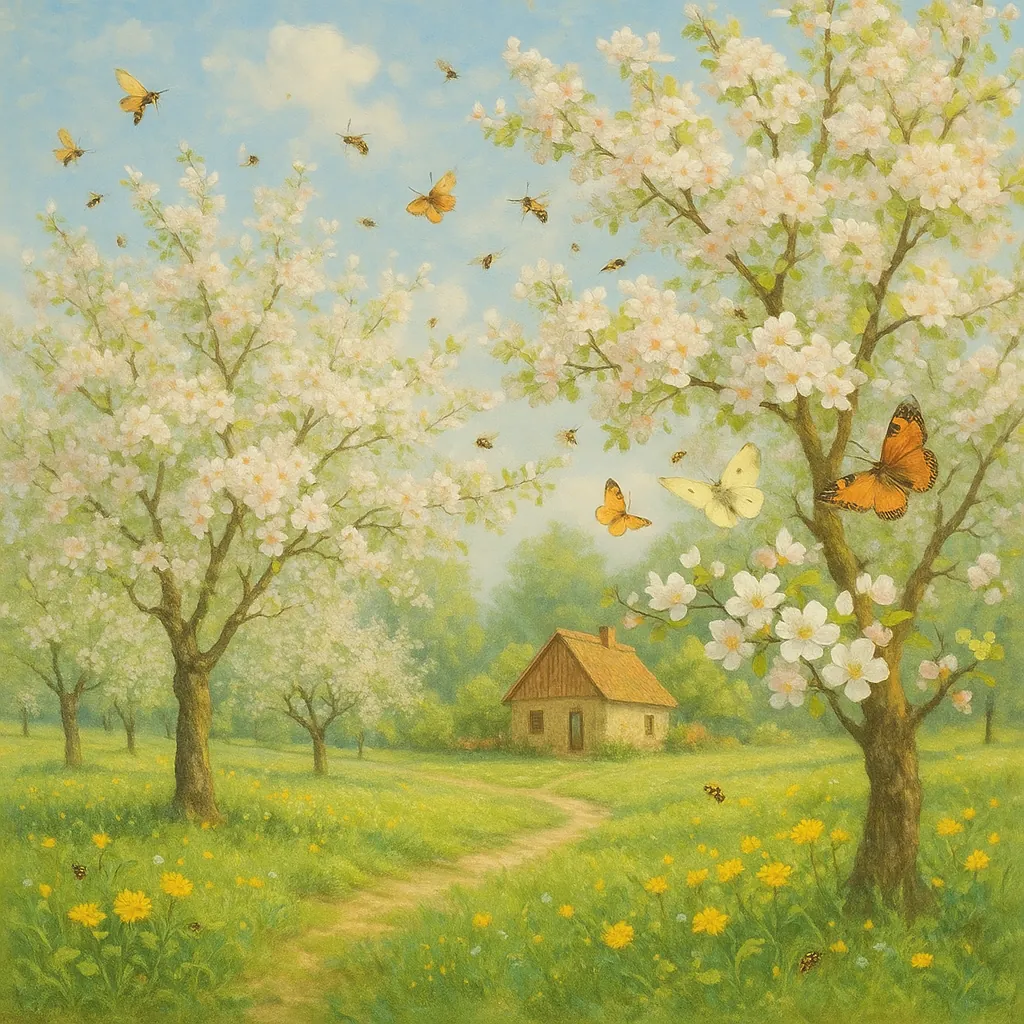 Discover a puzzle with a sunlit spring meadow where a cozy cottage nestles among apple-blossom trees and a winding path.