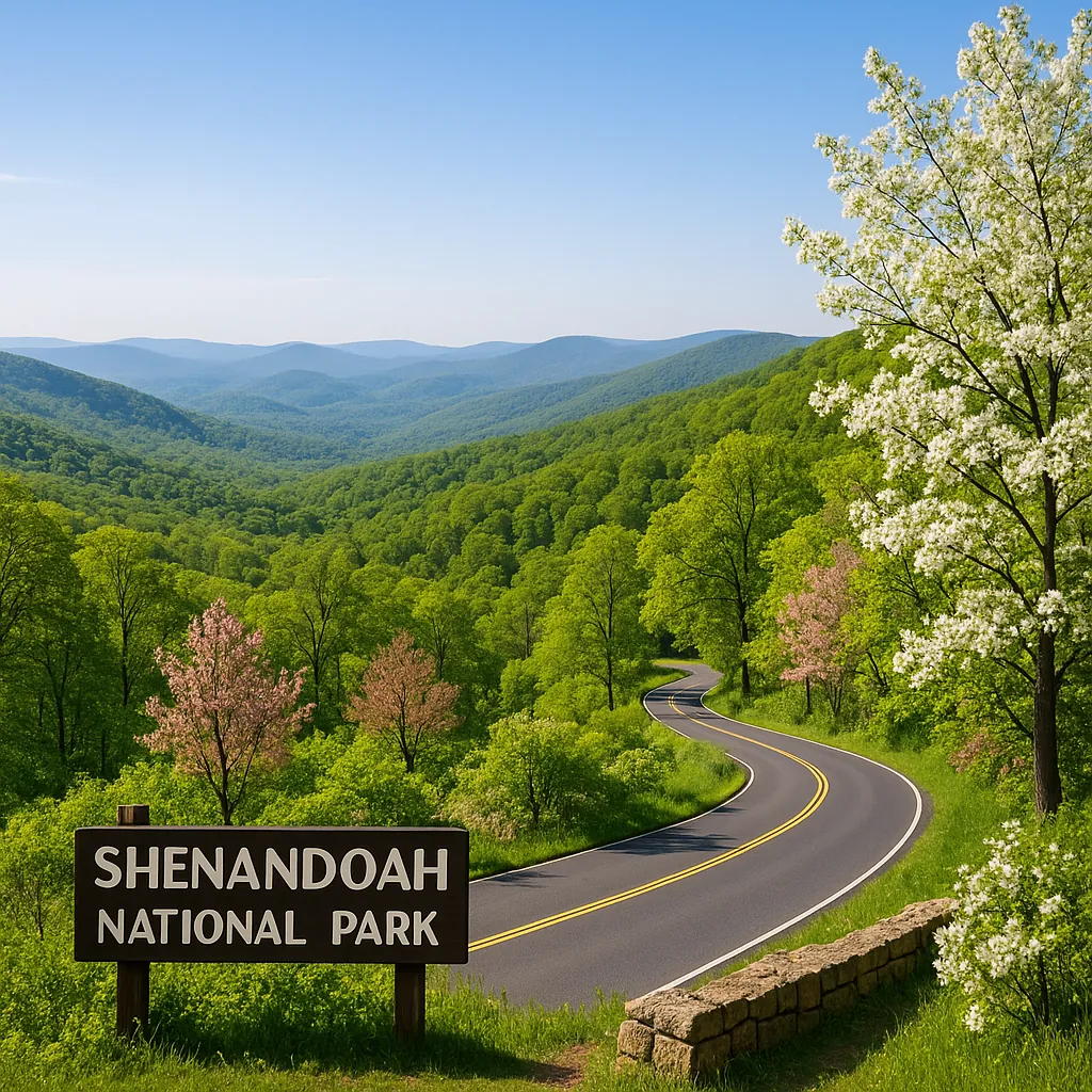 Enjoy an online jigsaw puzzle designed for browser play, featuring a tranquil nature scene from Shenandoah National Park with rolling green hills and a winding