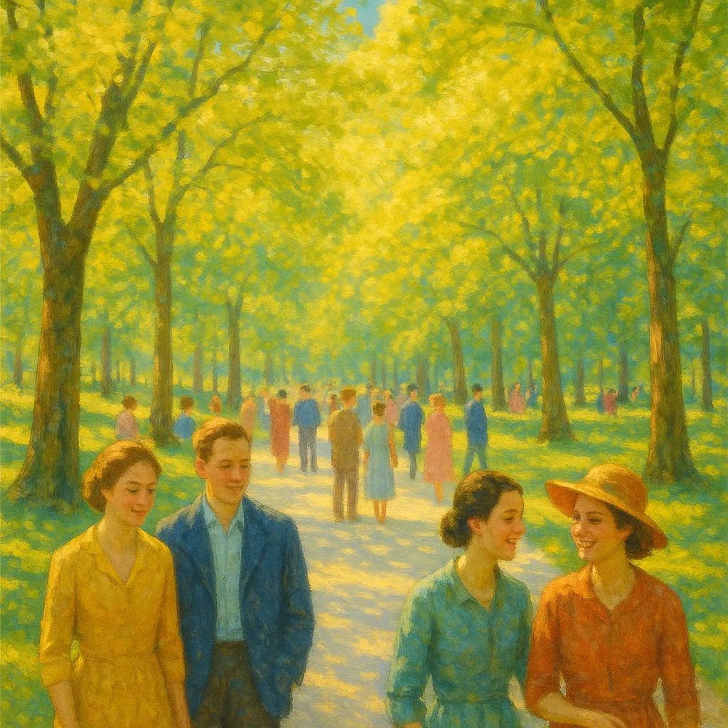 Discover a puzzle with a sunlit park scene where a tree‑lined promenade glows in golden yellows and fresh greens, rendered in a soft, impressionistic style.