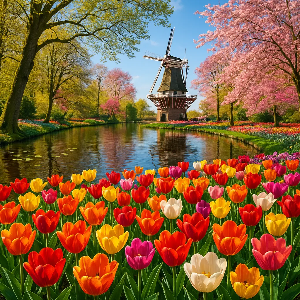 Discover a puzzle with a vibrant spring scene of a classic Dutch windmill beside a reflective canal framed by rows of bright tulips.