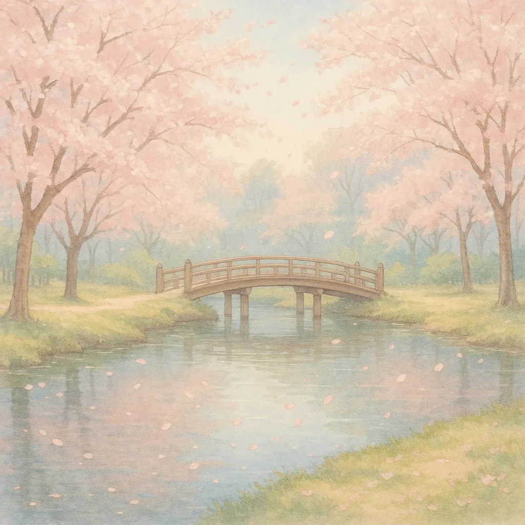 Discover a puzzle with a gently painted spring scene: a small wooden bridge arches over a glassy river surrounded by soft pink cherry blossoms in full bloom.