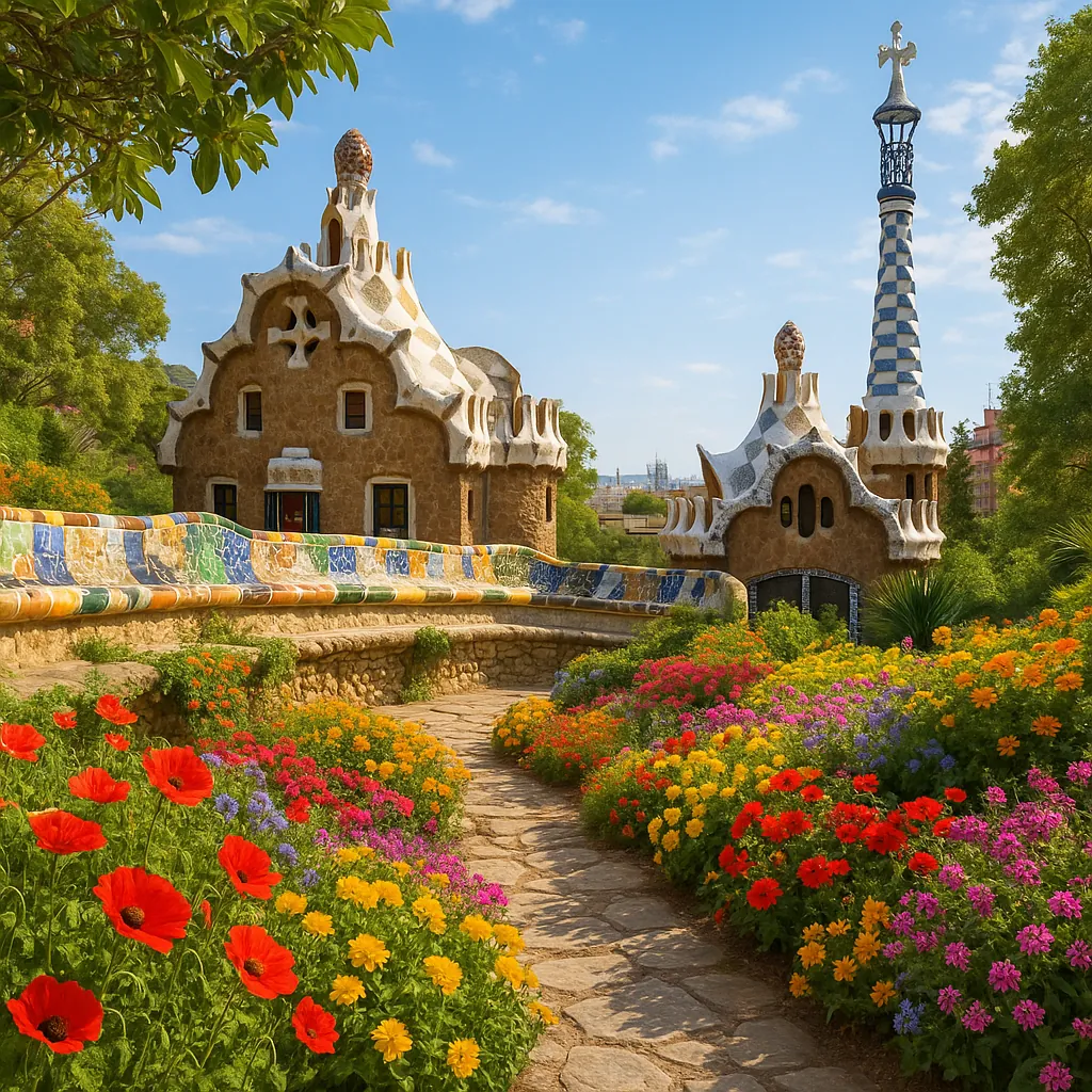 Try solving a puzzle that shows a whimsical mosaic-lined garden path winding past storybook, sandy-hued buildings with curving roofs and a tall, patterned spire