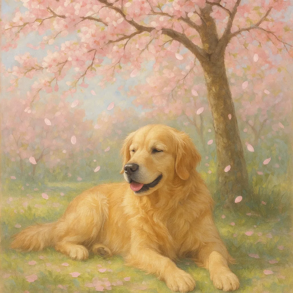 Discover a puzzle featuring a graceful golden retriever lounging beneath a blooming cherry blossom tree.