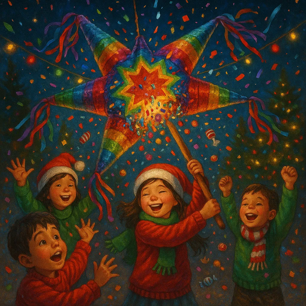 Discover a puzzle with a festive scene of children joyfully breaking a star-shaped piñata under twinkling lights.