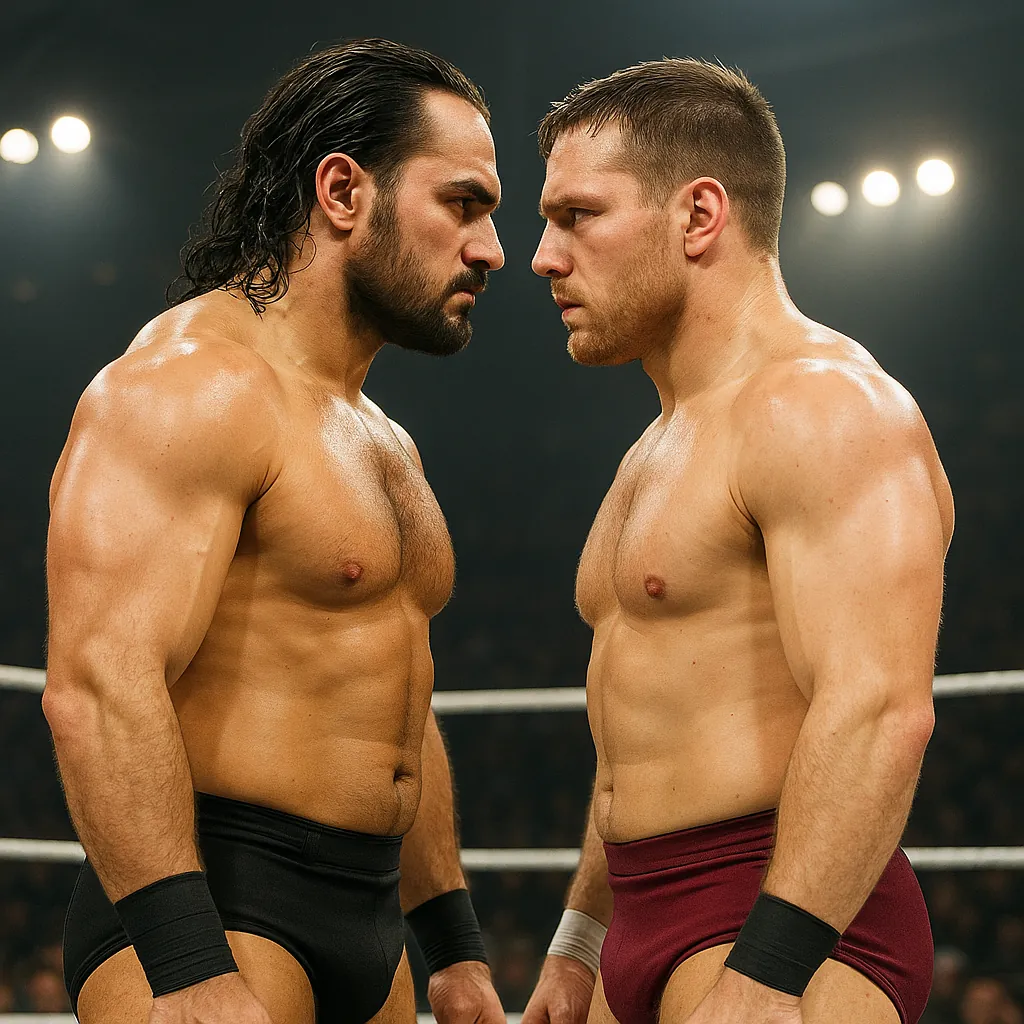 Play an online jigsaw puzzle in your browser that shows an intense sports scene featuring two wrestlers locked in a stare-down.
