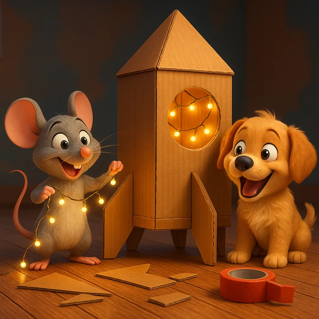 Discover a puzzle with a cheerful scene of a playful gray mouse and a happy golden puppy building a cardboard rocket together, stringing warm fairy lights throu