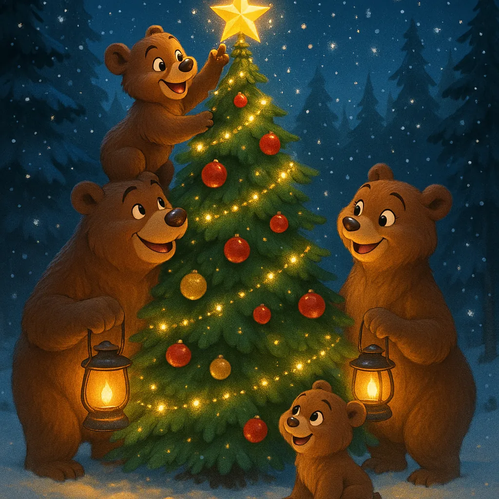 Enjoy assembling a puzzle depicting a cozy winter scene of a family of cheerful cartoon bears decorating a glowing Christmas tree in a snowy forest.