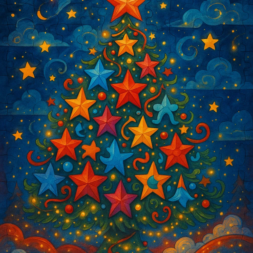 Here’s an online jigsaw puzzle you can play in your browser, focused on a festive holiday illustration of a Christmas tree made of colorful stars.