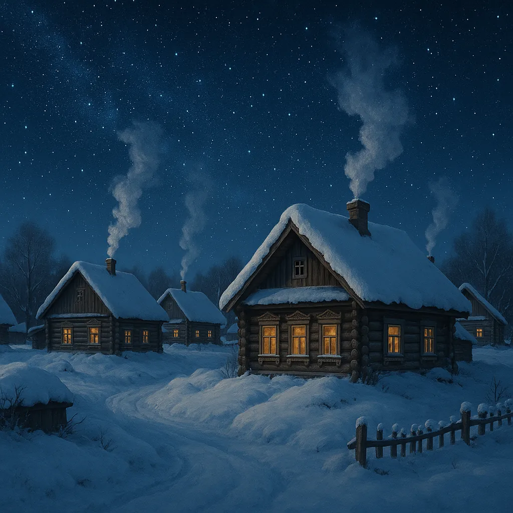 Discover a puzzle with a cozy winter village scene: snow‑blanketed log cabins under a deep blue, starry night, warm golden light glowing from the windows and ge
