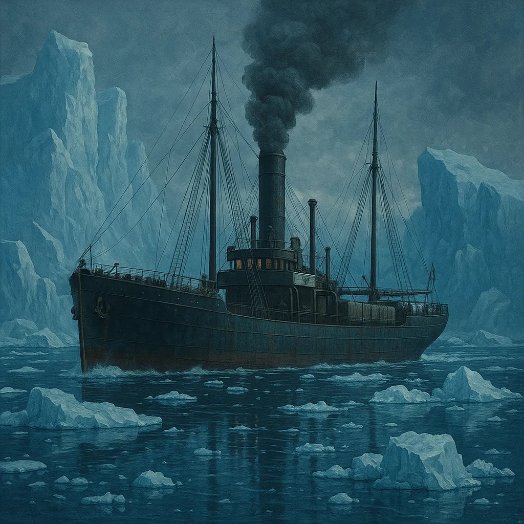 Discover a puzzle with a solitary steamship cutting through icy waters beneath towering blue icebergs.