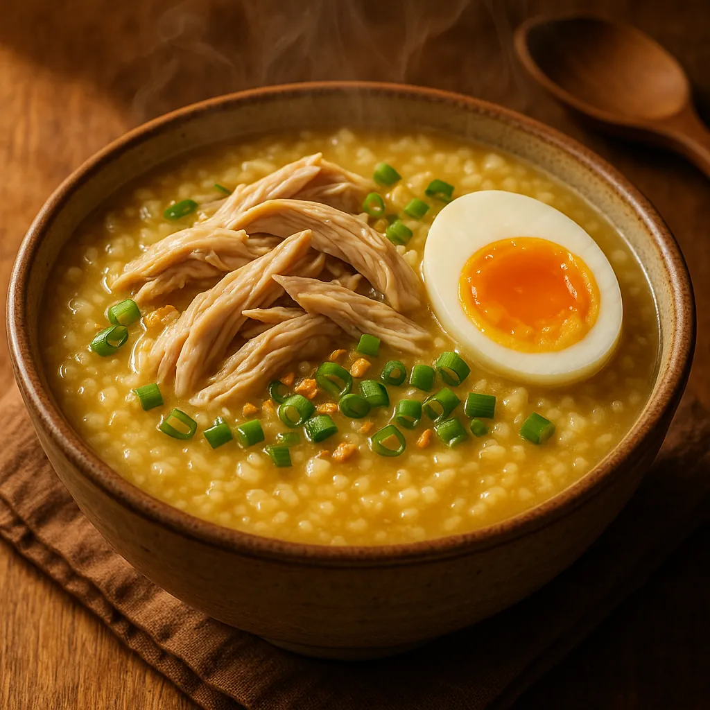 Try solving a puzzle that shows a steaming bowl of comforting chicken congee topped with tender shredded chicken, a glossy soft‑boiled egg, and bright green sca