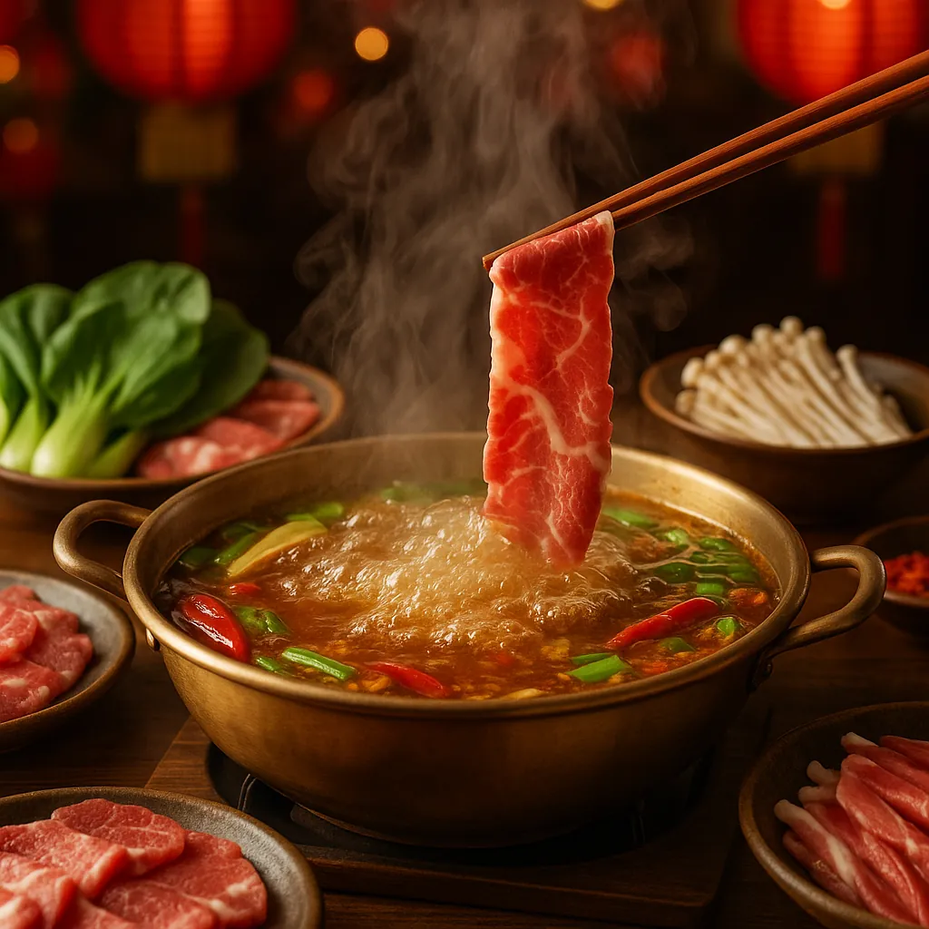 Enjoy an online jigsaw puzzle designed for browser play, featuring a delicious food scene of a steaming hot pot and fresh ingredients.