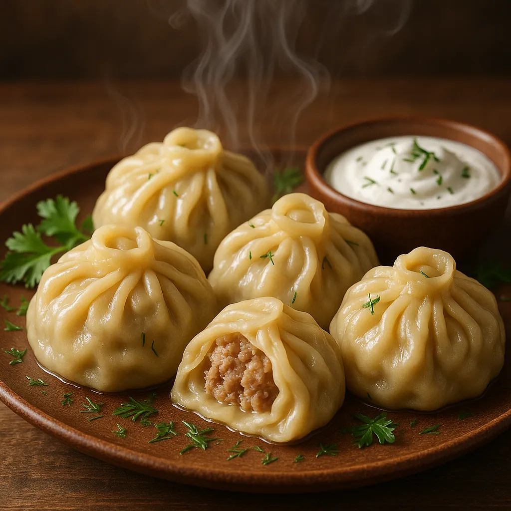 Enjoy assembling a puzzle depicting a close-up plate of steaming, handmade dumplings (khinkali) arranged on a warm wooden platter with a bowl of creamy dipping