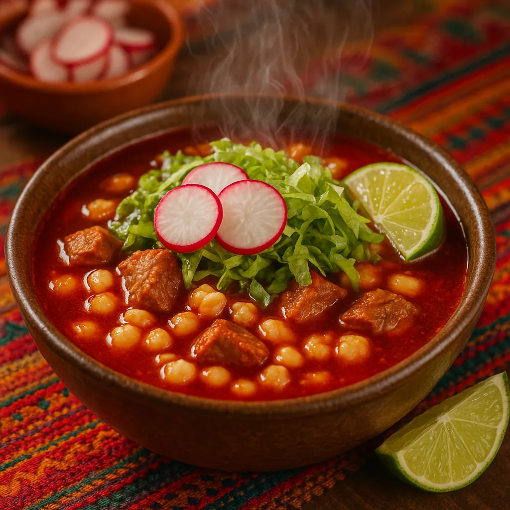 Enjoy assembling a puzzle depicting a steaming bowl of vibrant red pozole topped with crisp shredded lettuce, thinly sliced radishes, and a bright lime wedge, a