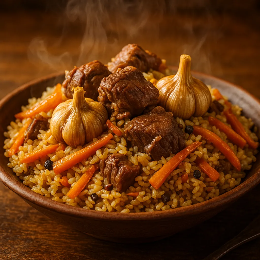Discover a puzzle with a steaming bowl of hearty pilaf: golden-brown rice dotted with bright orange carrot strips, tender chunks of braised meat, whole roasted