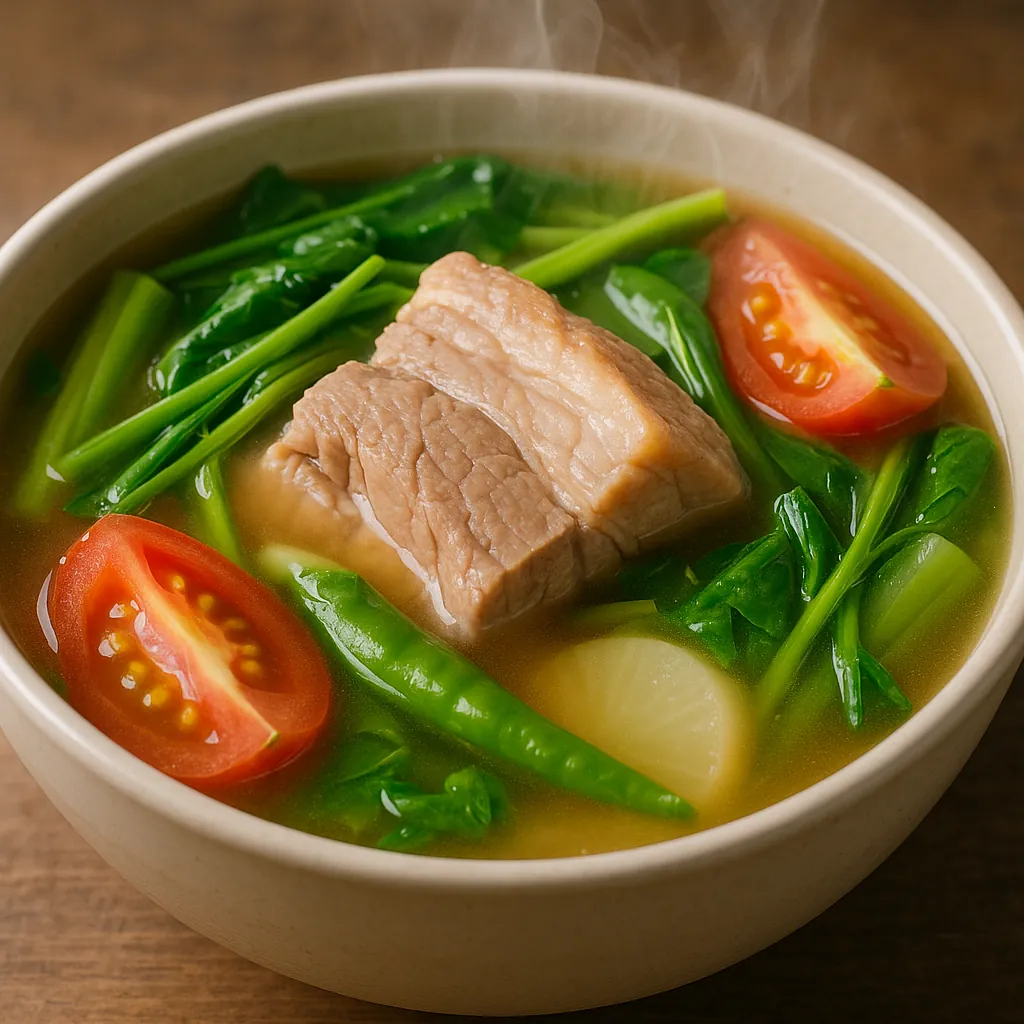 Discover a puzzle with a steaming bowl of homemade soup, featuring tender pork, bright green leafy vegetables, cherry tomato halves, and a clear, golden broth.