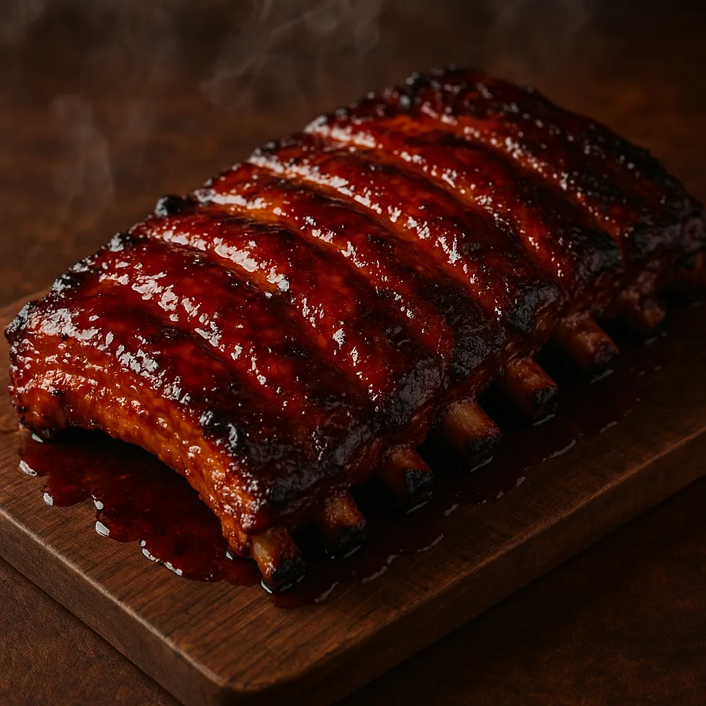 Discover a puzzle with a close-up of a steaming, glazed rack of barbecue ribs resting on a wooden board — deep mahogany and caramel tones, glossy highlights fro