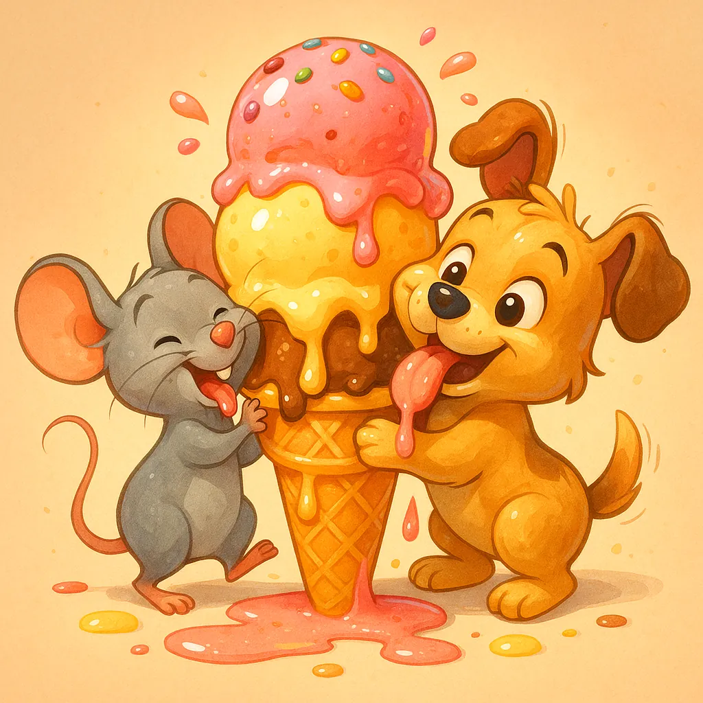 Discover a puzzle with an adorable puppy and a cheerful mouse sharing a towering, drippy ice cream cone topped with pink sprinkles.