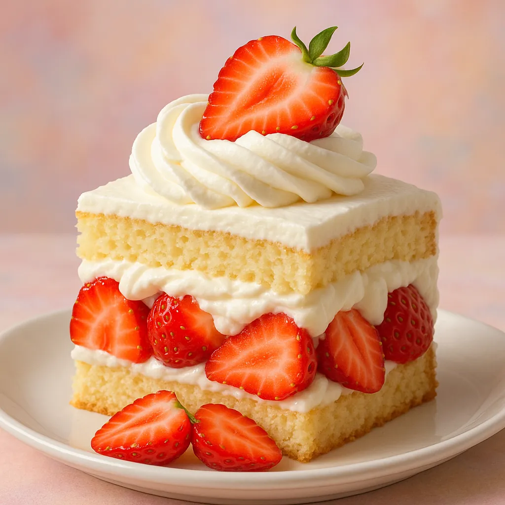 Enjoy assembling a puzzle depicting a delightful slice of strawberry shortcake: light golden sponge layers, pillowy white whipped cream, and glossy red strawber