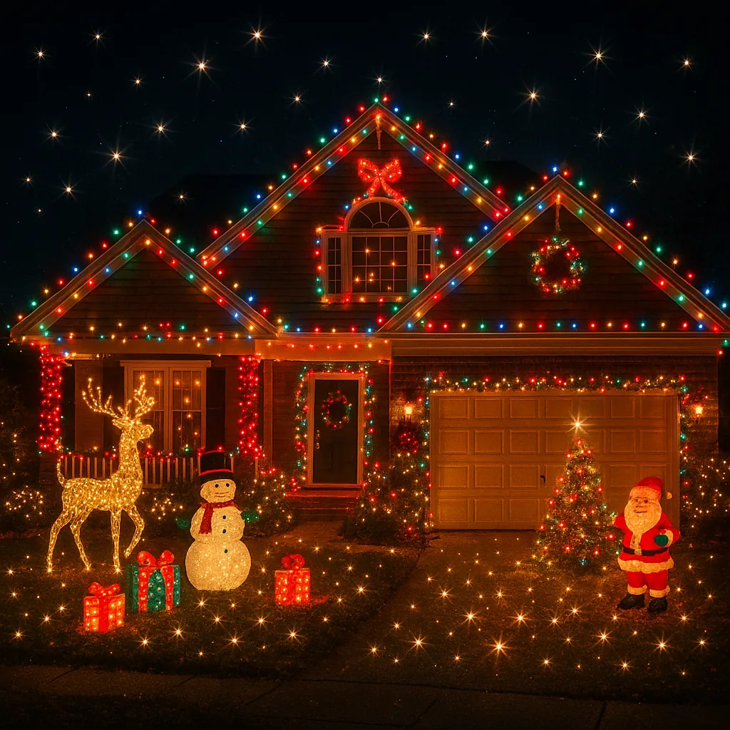 Discover a puzzle with a cozy, festively lit house adorned in colorful Christmas lights, a glowing reindeer, a cheerful snowman, wrapped presents, a decorated t