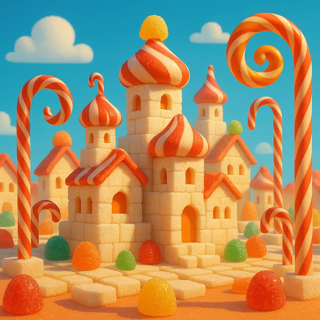 Enjoy an online jigsaw puzzle designed for browser play, featuring a whimsical candy-land scene made of sugary treats and sweet confections.