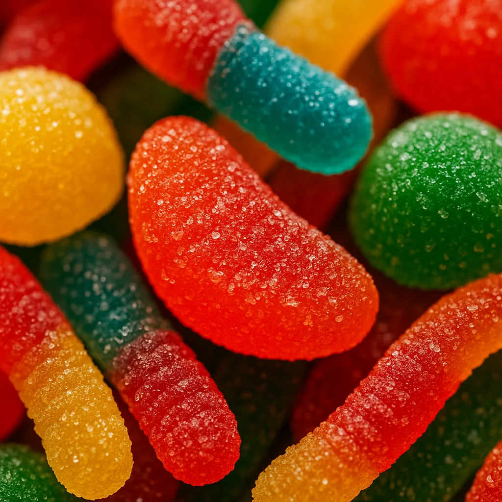This online jigsaw puzzle features a close-up of colorful gummy candies and sugary treats, perfect for fans of food and playful still-life images.