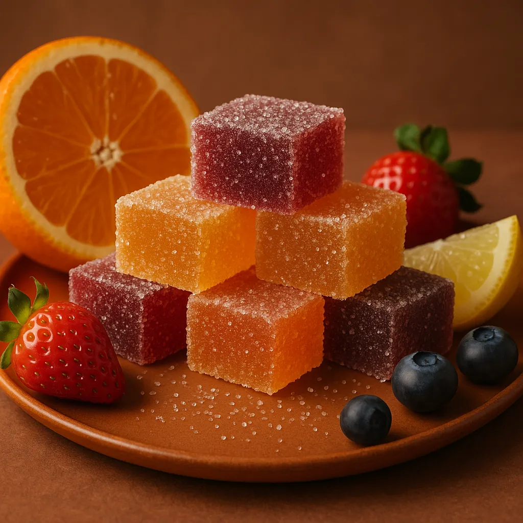 This online jigsaw puzzle features a cozy food still life of sugar-coated fruit jellies and fresh fruit, playable right in your browser.