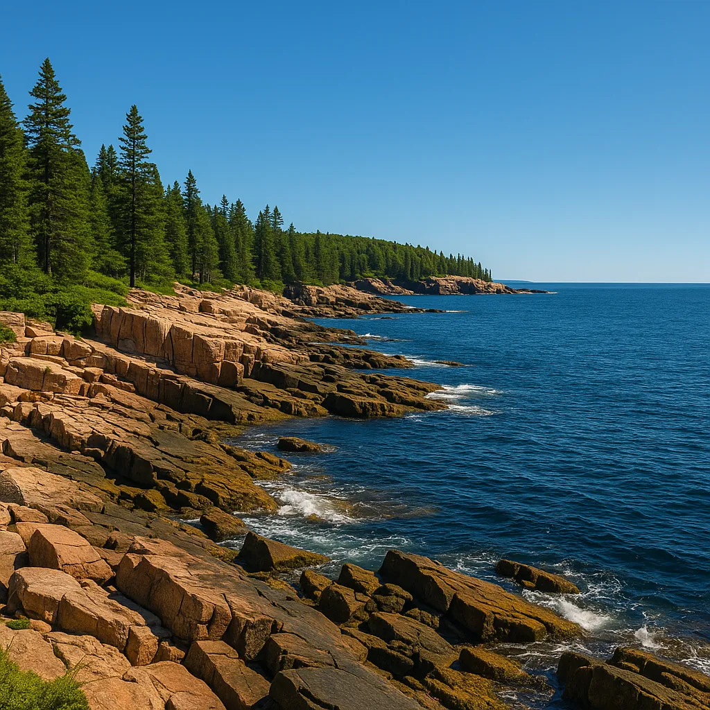Enjoy an online jigsaw puzzle designed for browser play, featuring a rugged coastal landscape where pine forest meets the open sea.
