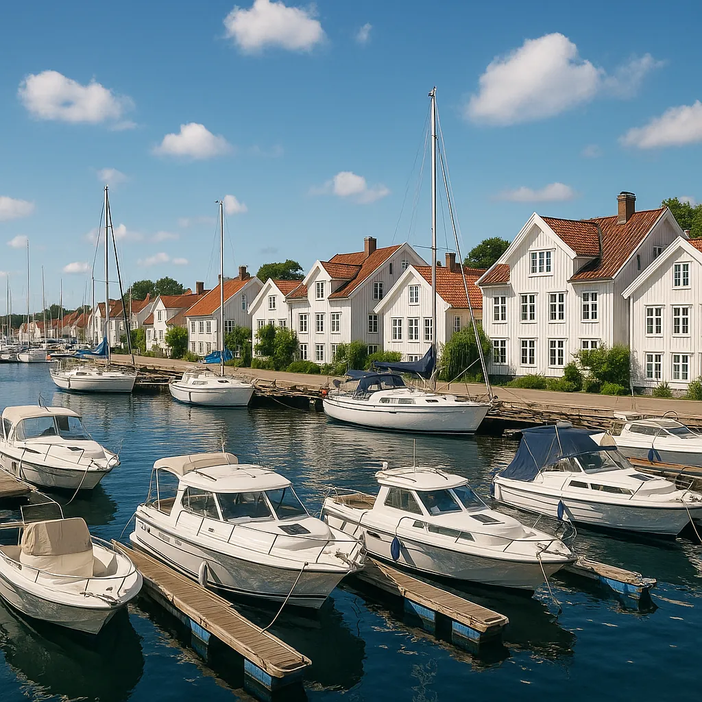Discover a puzzle with a sunlit coastal harbor lined with charming white wooden houses and red-tiled roofs, where neat sailboats and motorboats bob on deep blue
