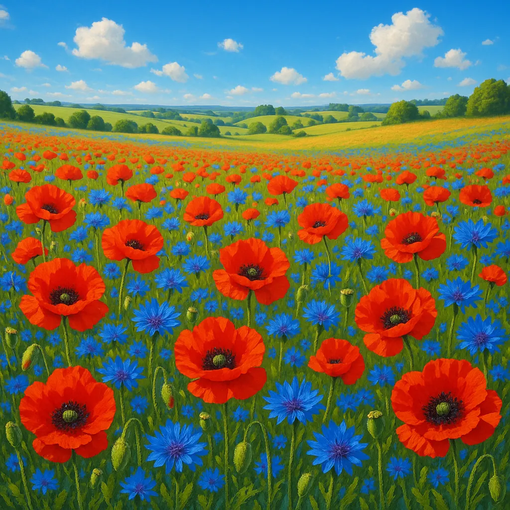 Discover a puzzle with a sunlit meadow packed with bright red poppies and vivid blue cornflowers stretching toward distant rolling hills under a clear, cloud-do
