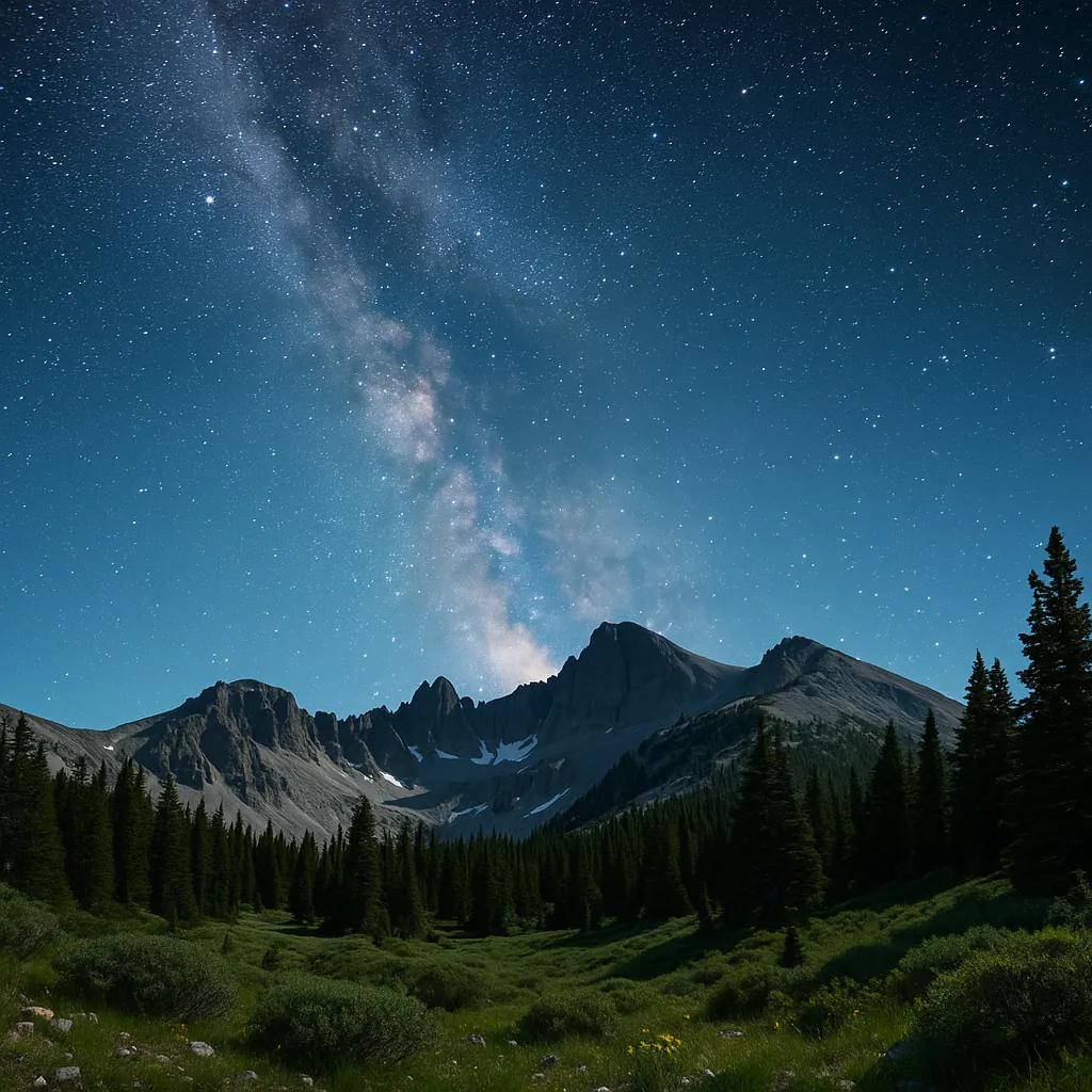 Play an online jigsaw puzzle in your browser that shows a tranquil mountain landscape under a star-filled sky, blending nature and night-sky wonder.