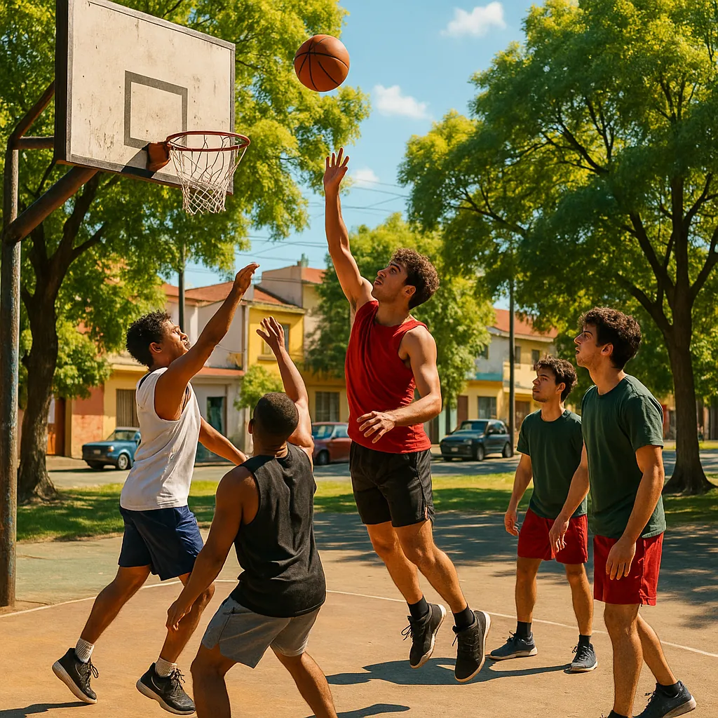 Enjoy an online jigsaw puzzle designed for browser play, featuring a lively outdoor basketball scene that blends sports and neighborhood charm.