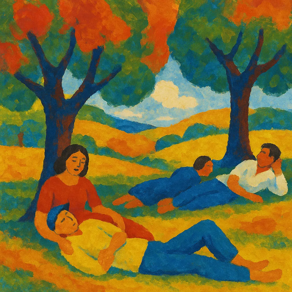 Discover a puzzle with a colorful countryside scene showing four people relaxing beneath leafy trees in a stylized, painterly composition.
