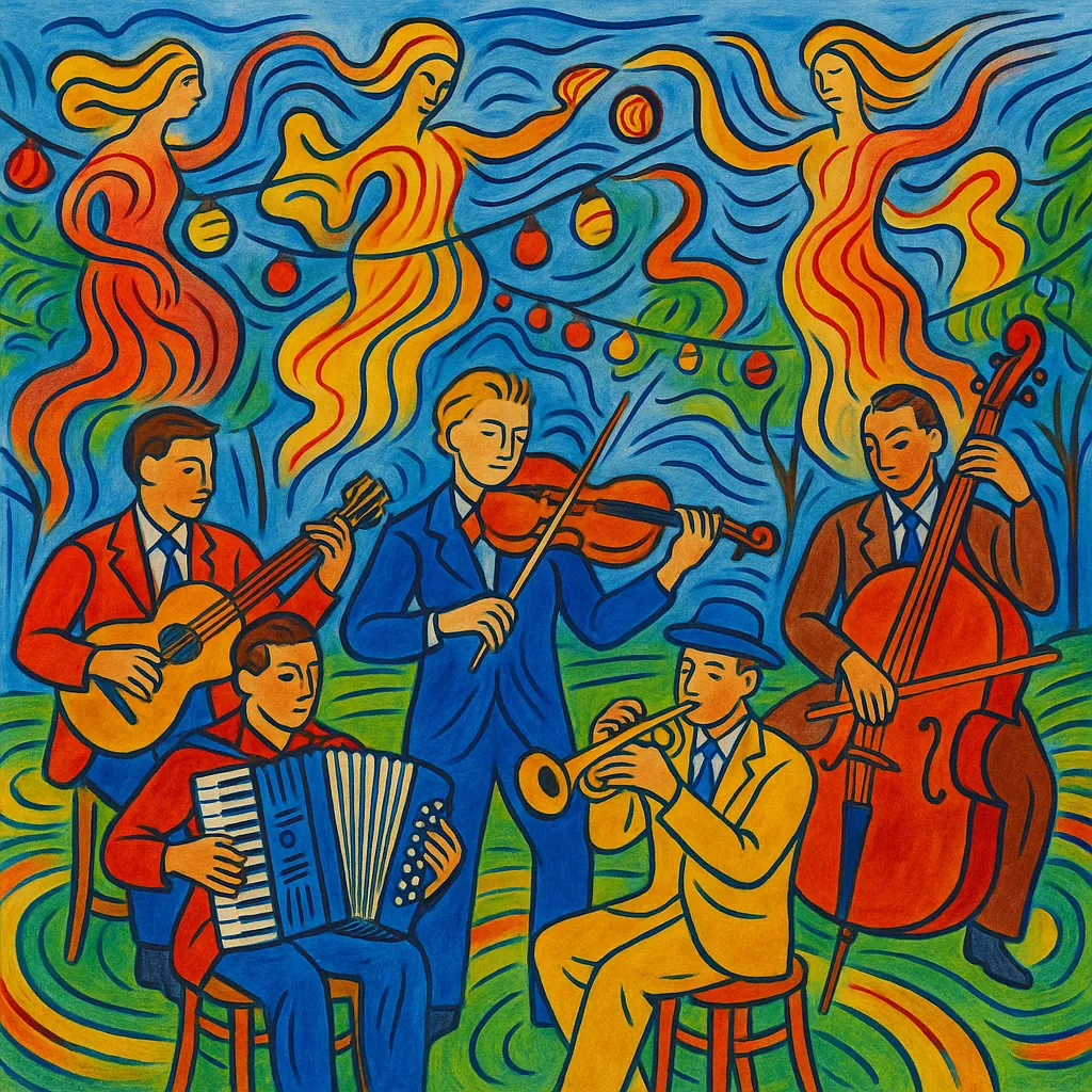 Discover a puzzle with a lively outdoor scene of five musicians playing violin, guitar, accordion, trumpet, and double bass beneath swirling, ribbon-like figure