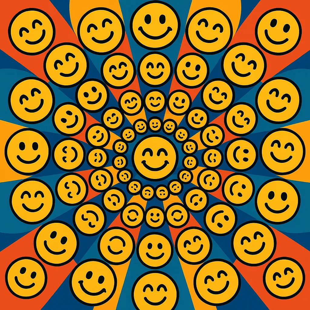 Enjoy an online jigsaw puzzle designed for browser play, featuring a vibrant pop-art pattern of smiley faces and geometric rays.