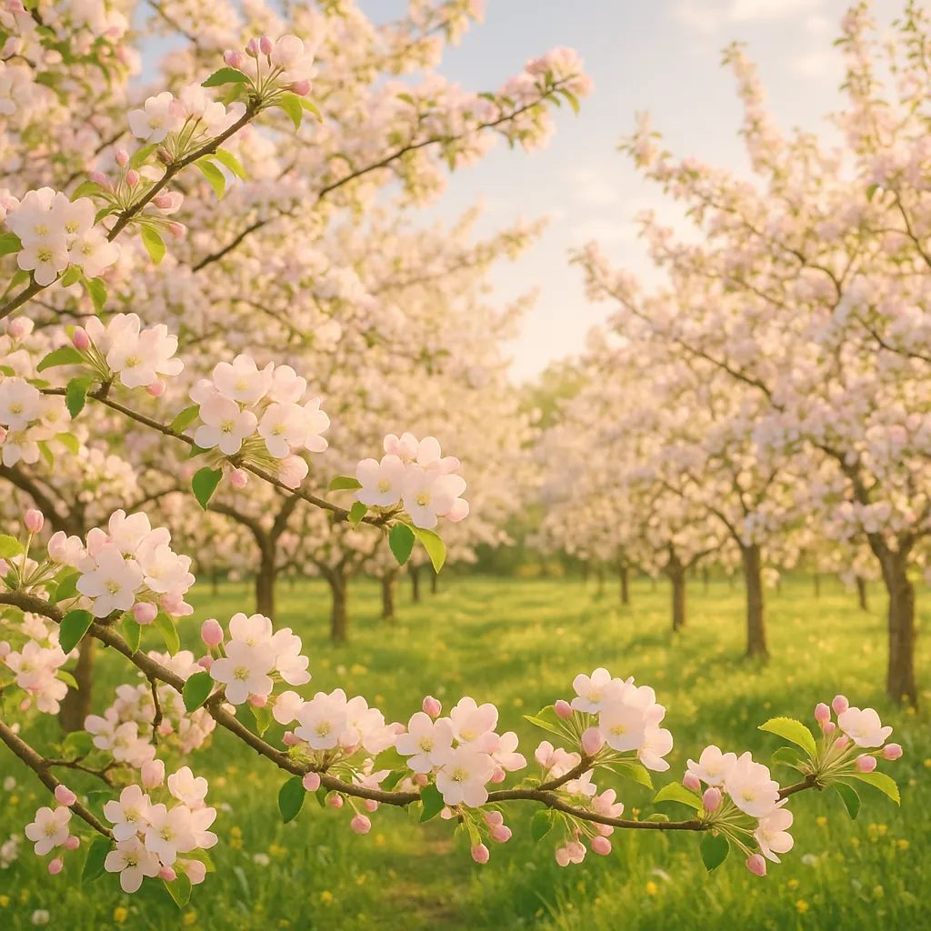 Discover a puzzle with a sunlit orchard in full bloom, where delicate pale-pink blossoms and soft green leaves fill the frame against a warm, golden sky.