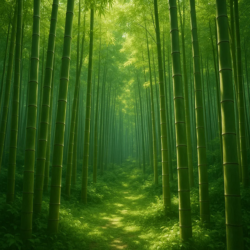 Enjoy assembling a puzzle depicting a serene bamboo forest pathway bathed in soft, emerald light.