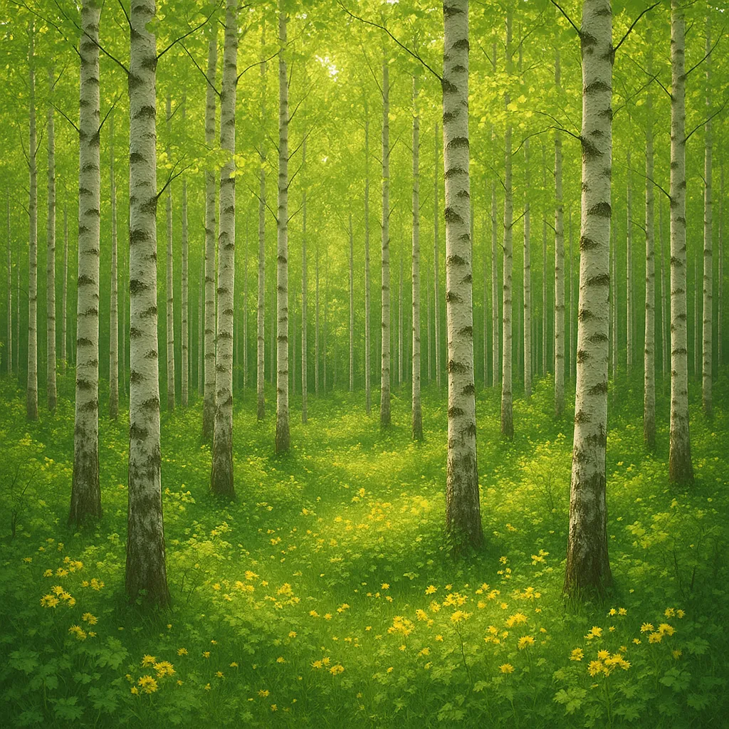 Discover a puzzle with a sunlit birch forest, where rows of slender white trunks rise through a soft, green canopy.