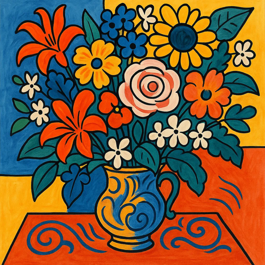 Enjoy assembling a puzzle depicting a bold, stylized bouquet in a decorative pitcher — bright orange lilies, sunny yellow and blue blossoms, soft pink rose spir