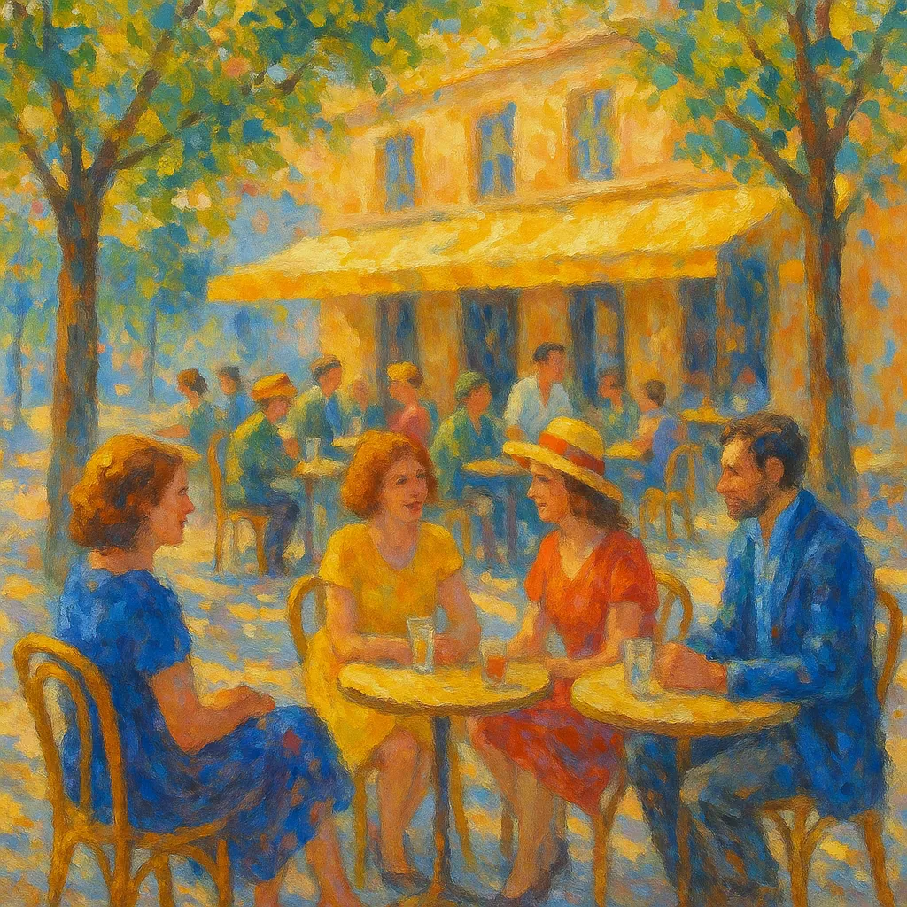 Discover a puzzle with a sun-dappled outdoor café scene in soft impressionist brushstrokes, where friends sit at round bistro tables beneath leafy trees and a w