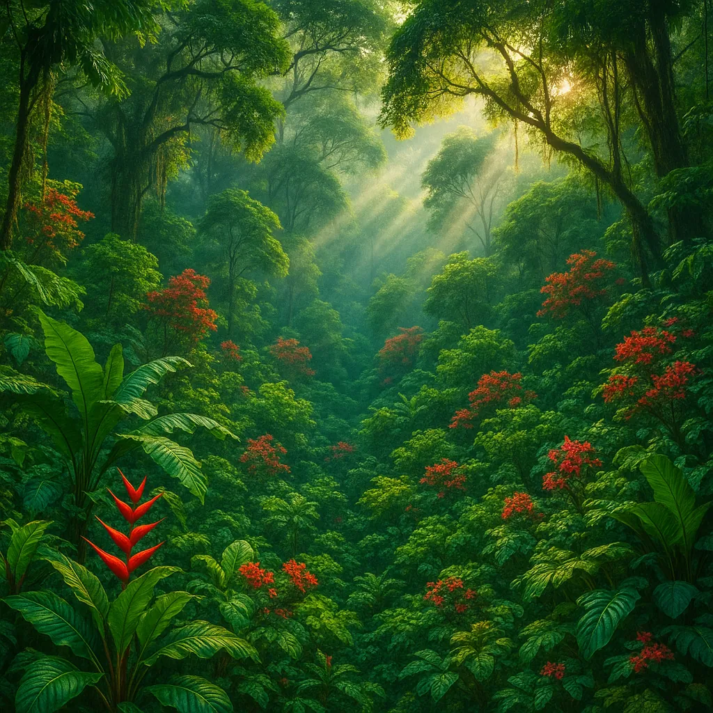 Discover a puzzle with a sunlit tropical rainforest alive with deep emerald greens and pops of vivid red blossoms, framed by broad-leafed plants and towering tr
