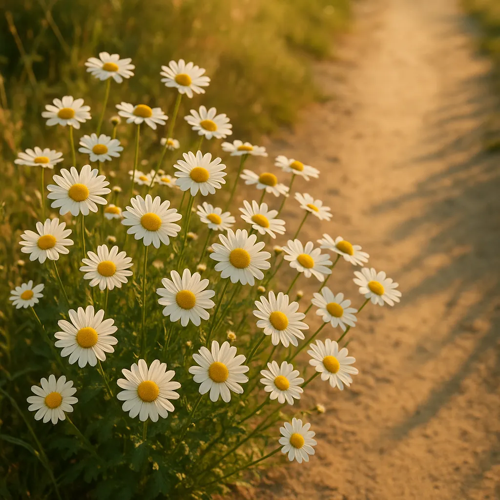 Discover a puzzle with a sunlit cluster of white daisies, their crisp petals and sunny yellow centers set against fresh green stems beside a warm, sandy country