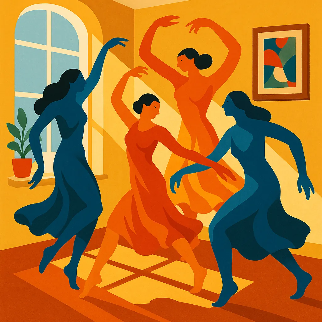 Enjoy assembling a puzzle depicting four graceful dancers in a sunlit room, rendered in bold, flat shapes of warm oranges and deep teals.