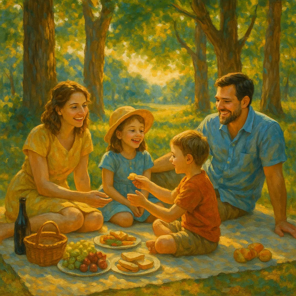 Discover a puzzle with a warm family picnic scene set beneath sun-dappled trees, showing parents and two children laughing together on a soft blanket.