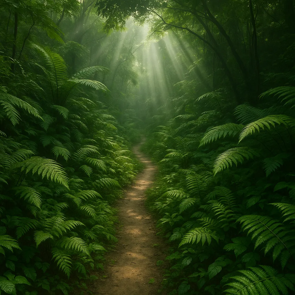 Discover a puzzle with a sunlit forest path winding through lush, emerald ferns and dappled beams of light filtering from the canopy — a peaceful nature scene p