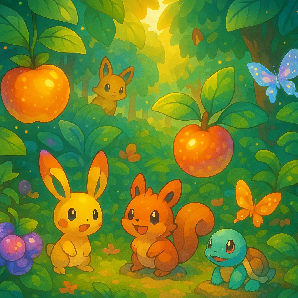 Discover a puzzle with a sunlit woodland scene where adorable, cartoon-style forest friends gather beneath leafy branches dotted with bright apples and berries.