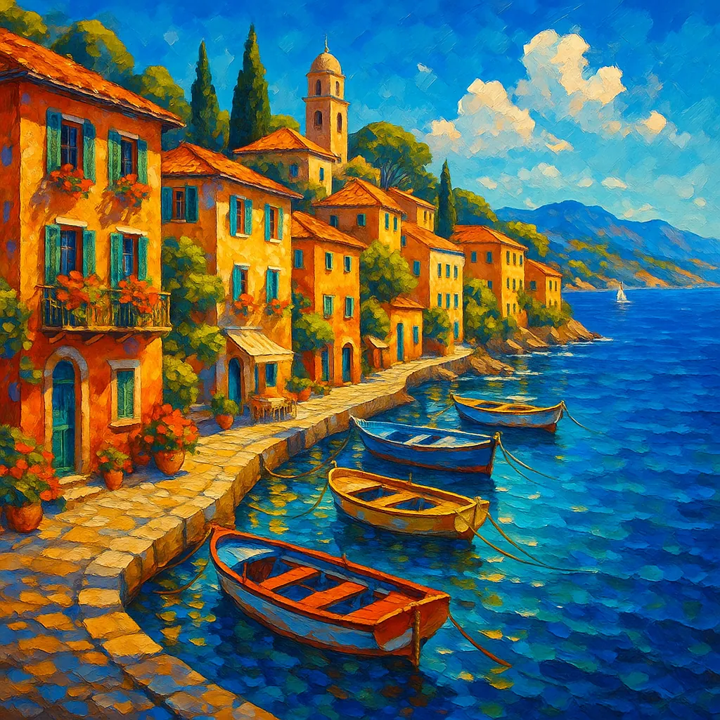 Discover a puzzle featuring a sunlit Mediterranean harbor lined with ochre buildings, terracotta roofs and a graceful bell tower beside a sparkling cobalt sea.