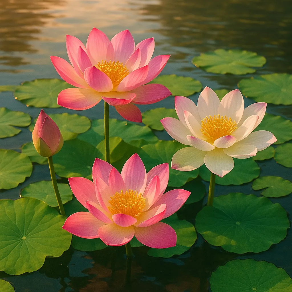 Discover a puzzle with delicate pink and pale cream lotus flowers gently floating among round green lily pads on a softly rippling pond bathed in warm, golden l