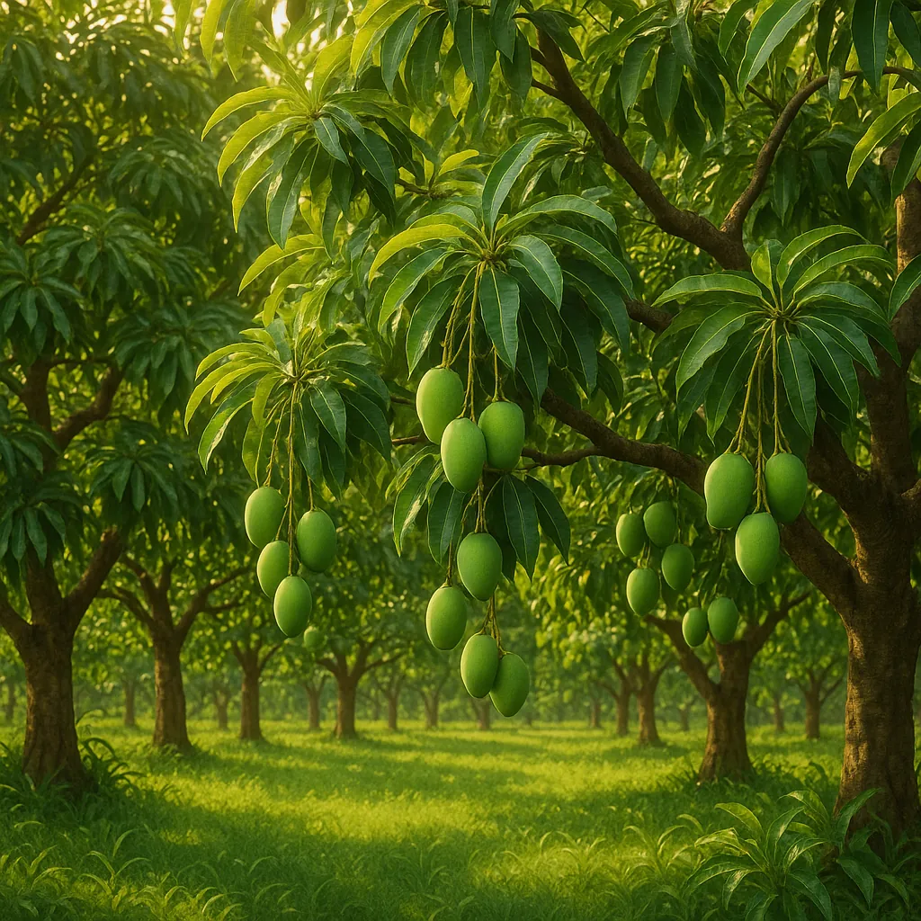 Discover a puzzle with a sunlit mango orchard full of glossy green leaves and clusters of unripe mangoes hanging from graceful branches.
