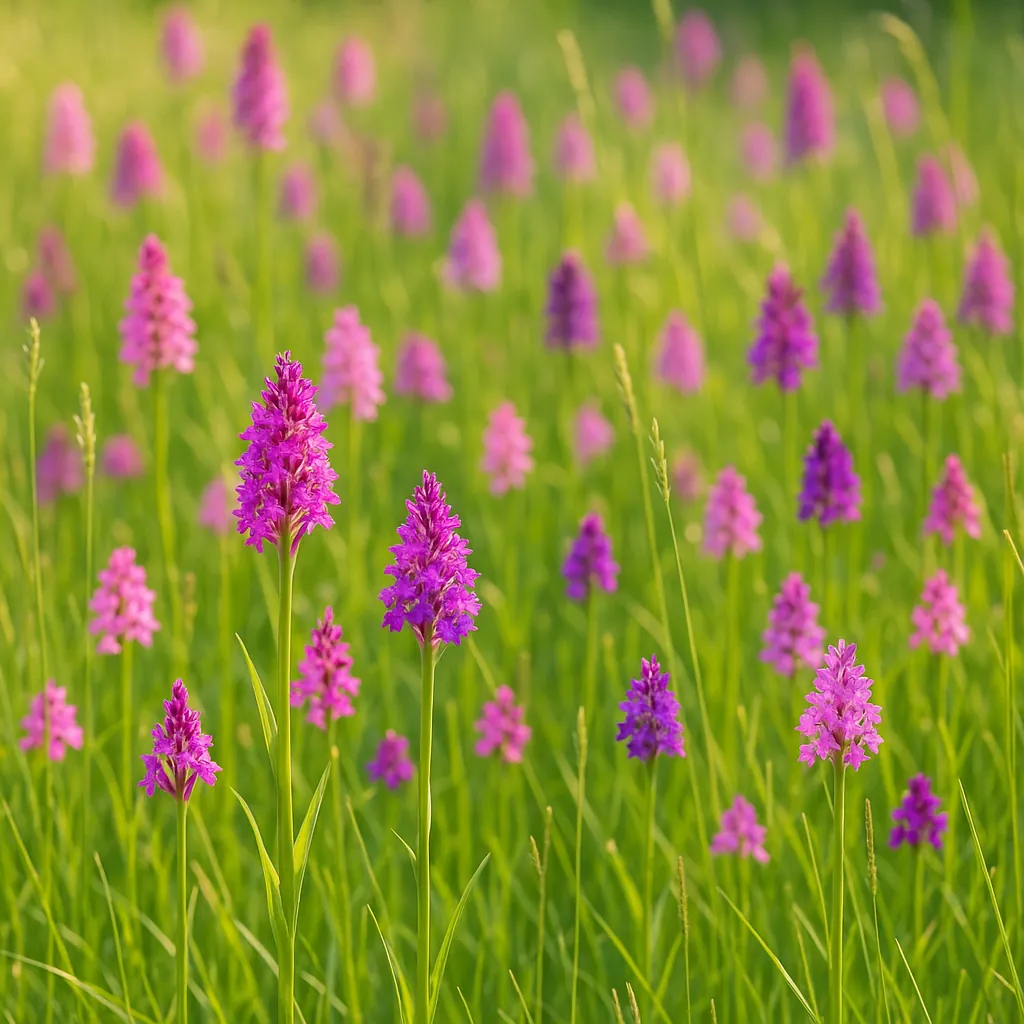 Enjoy assembling a puzzle depicting a sunlit meadow dotted with delicate pink and purple wild orchids rising above fresh green grass.